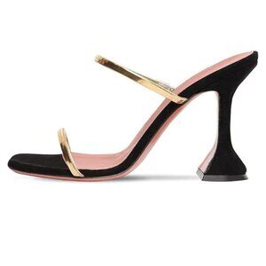 Black Suede Martini‎ Glass Heel Sandals – Square Toe, Gold Straps, 4" Heel